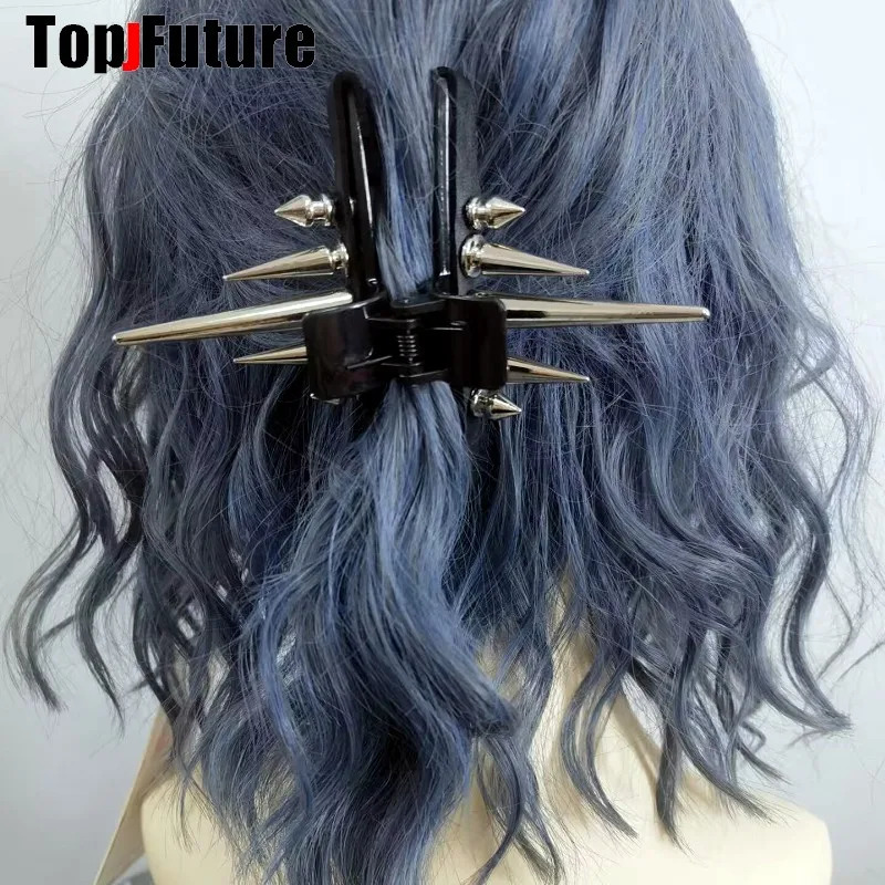 Streetwear Gothic Spike Hair Grab Punk Hip Hop Handmade Leather Buckle Chain Spike Clip Women Party Hair Accessories 250730