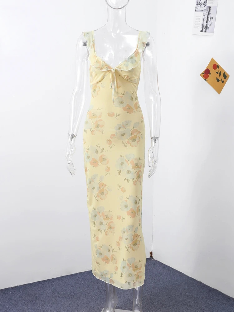 Summer Flower Printed Womens Sexy Lowcut Dress Sleeveless Backless Slim Sling Dresses Beach Vacation Lady Vestidos 250807