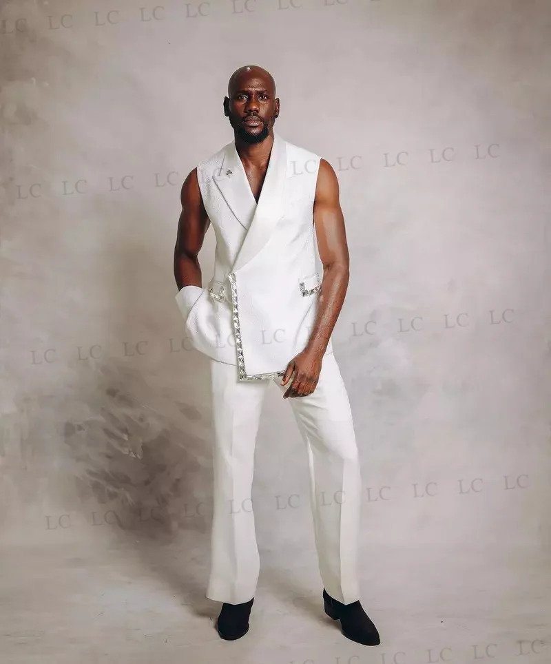 White Classic Men Suits 2 Pieces Vest Pants One Button Diamonds Beadings Sparkly Prom Formal Wedding Groom Plus Size Tailored 250807