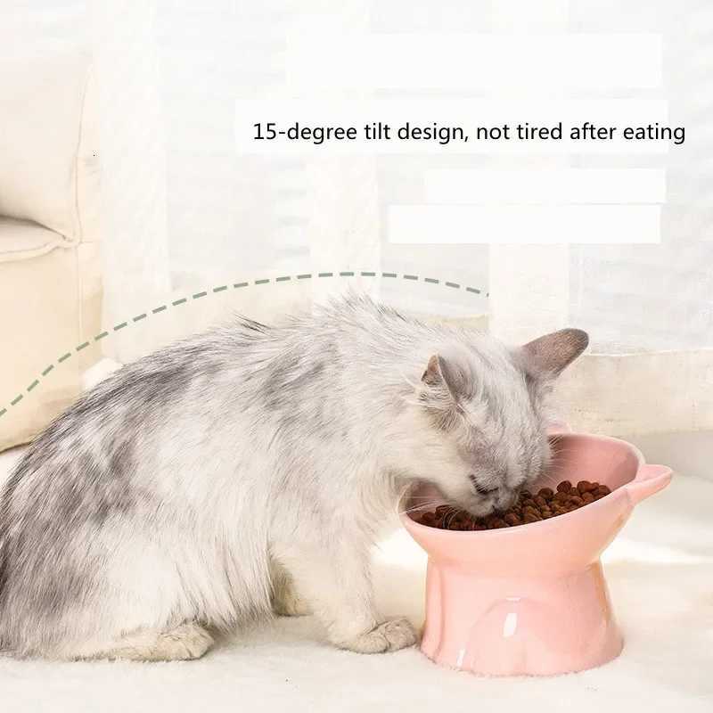 Fashion High Foot Bowl Cat Food Feeder Puppy Bowl Cute Cat Ear Ceramic Water Bowls Protection Neck Cats Bowl Pet Supplies Y250806