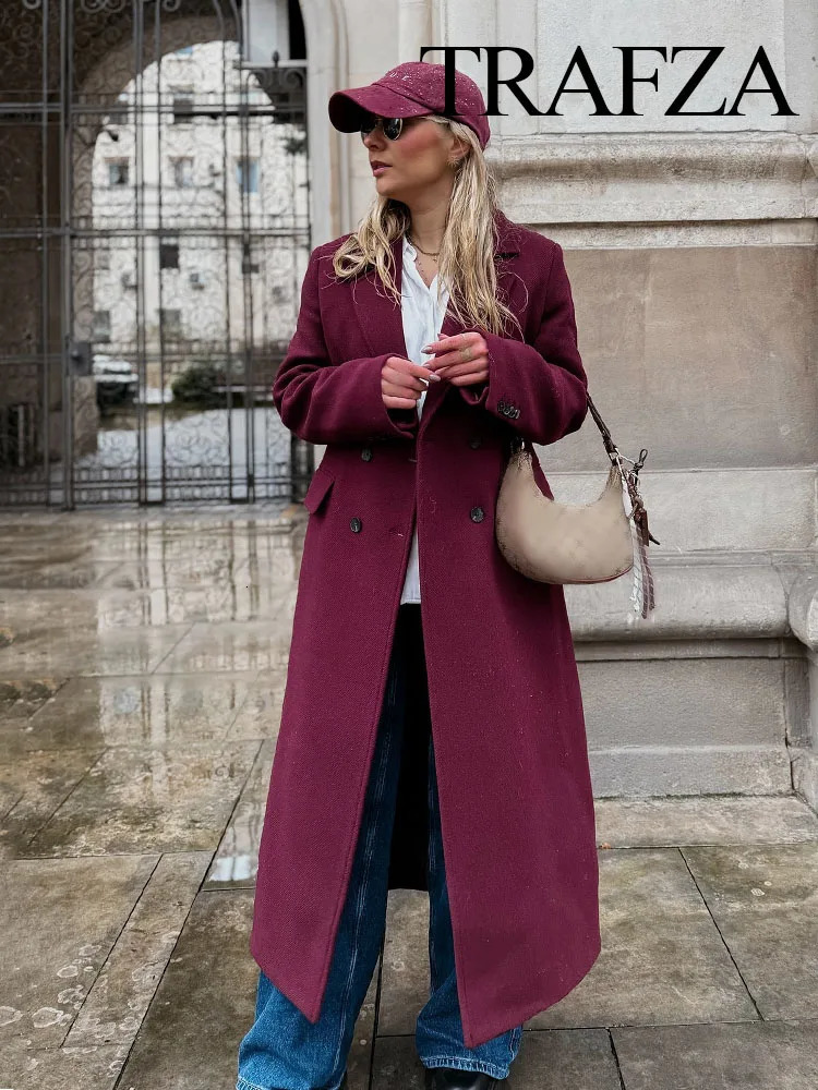 TRAFZA Autumn Winter Female Fashion Casual Woolen Long Coat Woman Turn-Down Collar Long Sleeves Pockets Double Breasted Coat 250805