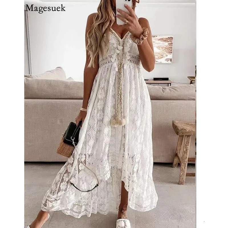 Summer Lace Sling Big Swing Solid Color Long Skirt Dress Spring Vneck Sleeveless Beach Dresses Casual Chain Link 250807