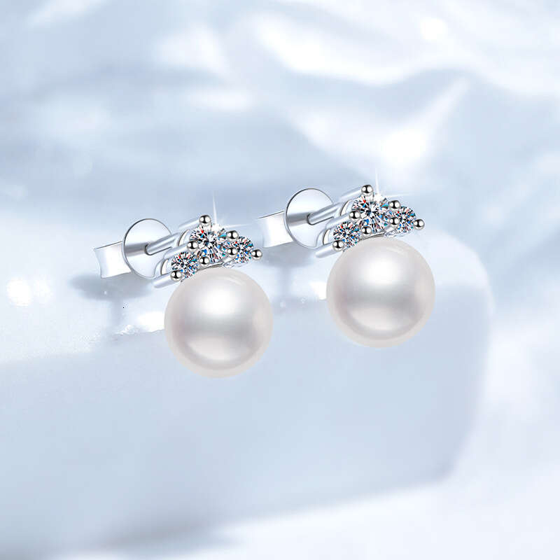 S Sterling Sier Princess Style Near Perfect Round Freshwater Pearl Moissanite Earrings Women