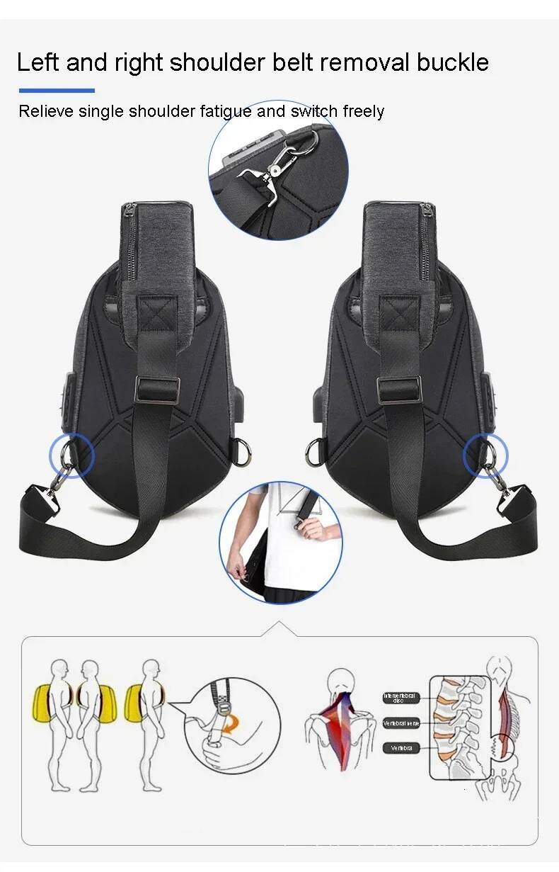 USB Charging Fashion Streetwear Sling Pack Crossbody Motor Cycling Backpack College Student Unisex Running Chest Bag for Men high-quality