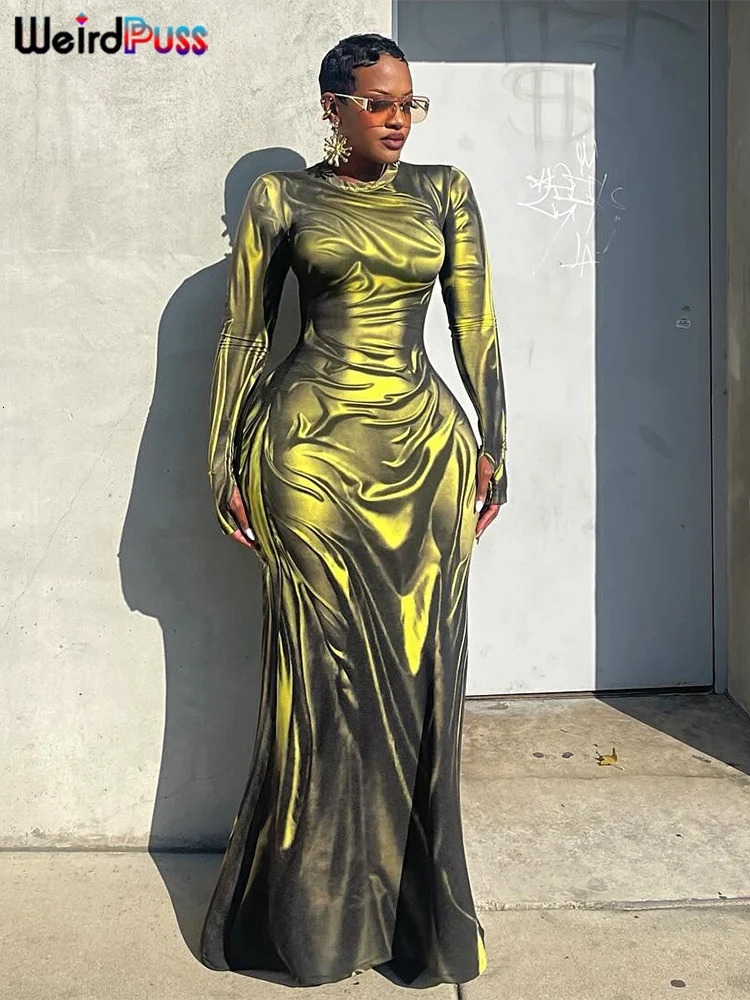 Weird Puss Sexy Light Print Dress Women Fashion Fall Simple o-Neck Long Sleeve o-Neck Street Skinny Stretch Maxi Bodycon 250806