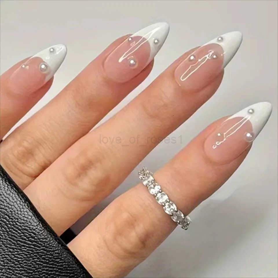 Girls Women 24Pcs/Set Middle Size Water Drop Shaped French White Edged Pearl Decorative Full Coverage Fake Nails Z250807