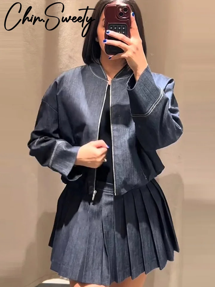Street Denim Coat Mini Skirt Sets Women O-neck Long Sleeve Jacket Pleated Skirts Female Suit 2025 Spring Summer Lady Suits 250804