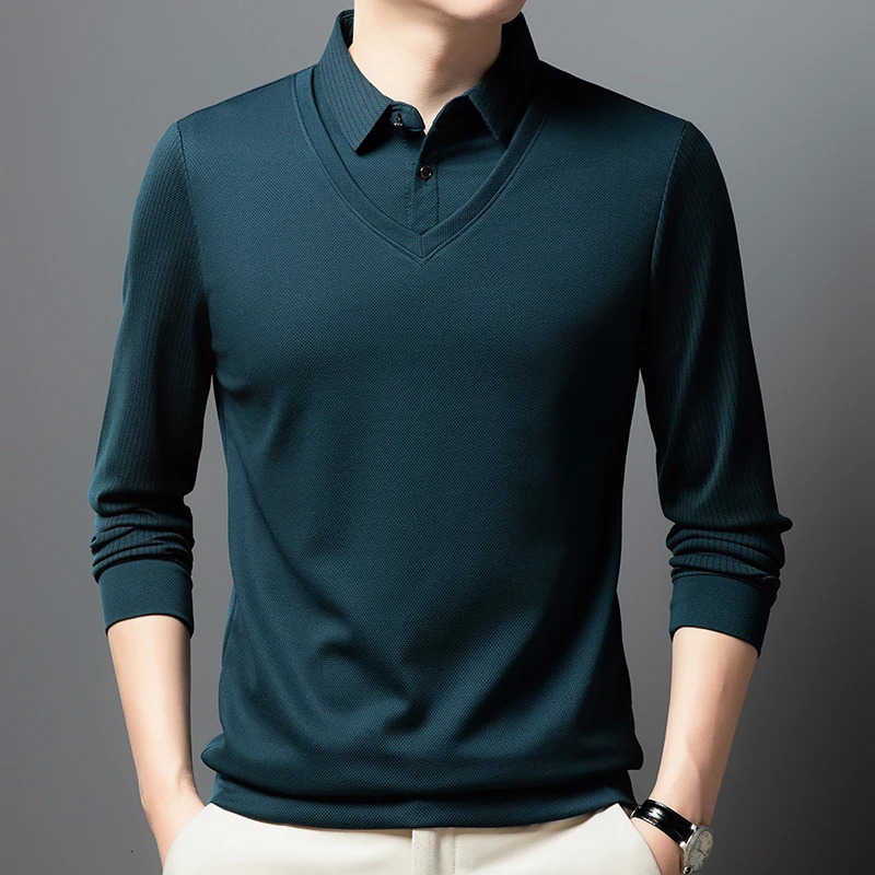 High end personalized shirt collar sweater mens autumn fashion casual Korean version two piece long sleeved Tshirt 250807