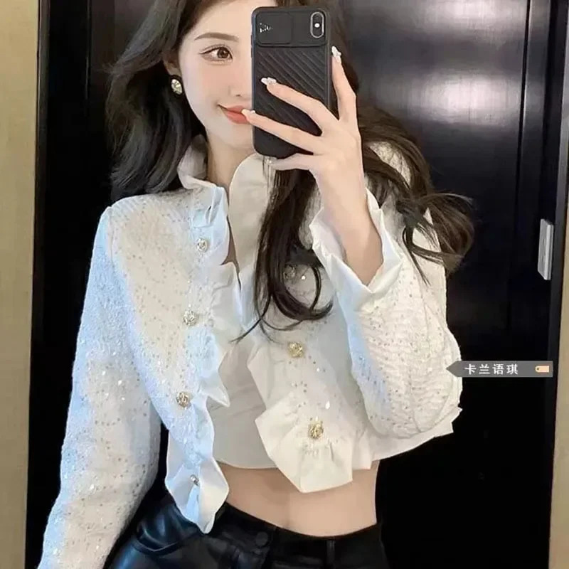 Lucyever White Cropped Jackets for Women Korean Fashion Ruffles DoubleBreasted Coat Ladies Elegant Chic Short Tweed Cardigans 250807
