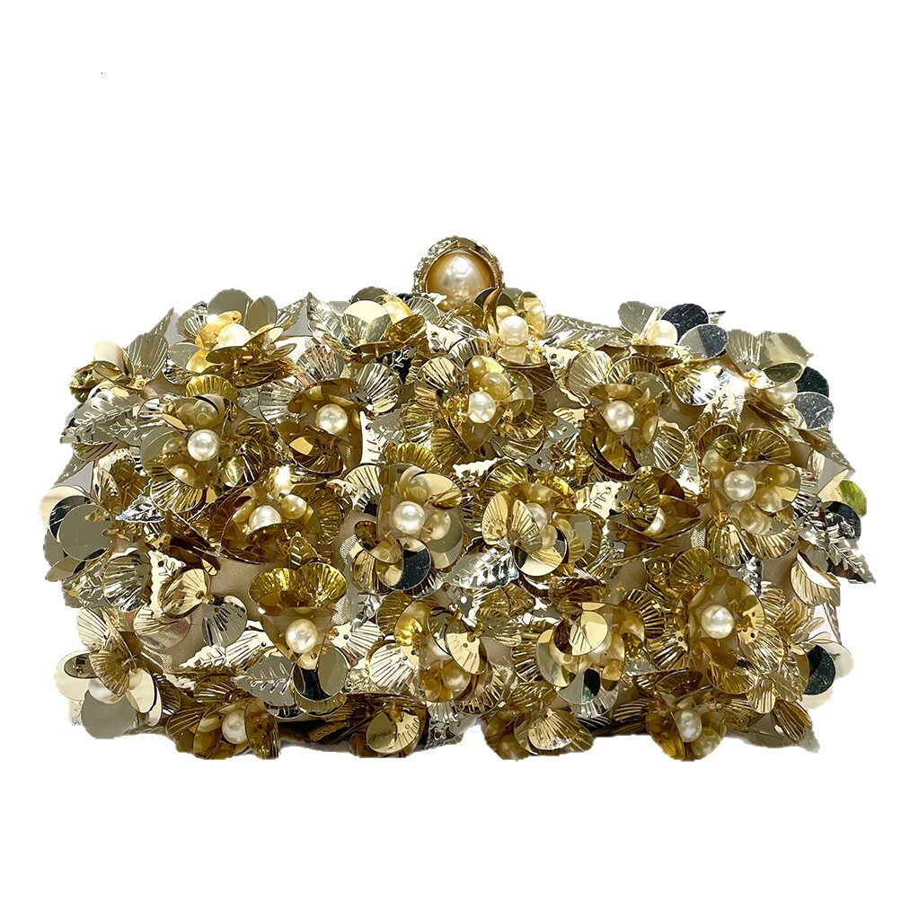 Free Shipping Designer Luxury Gold Glitter Flower Sequin Decorated Women's Clutch Bag Fashion Elegant Evening Bag Dress Bag Trendy Shoulder Bag