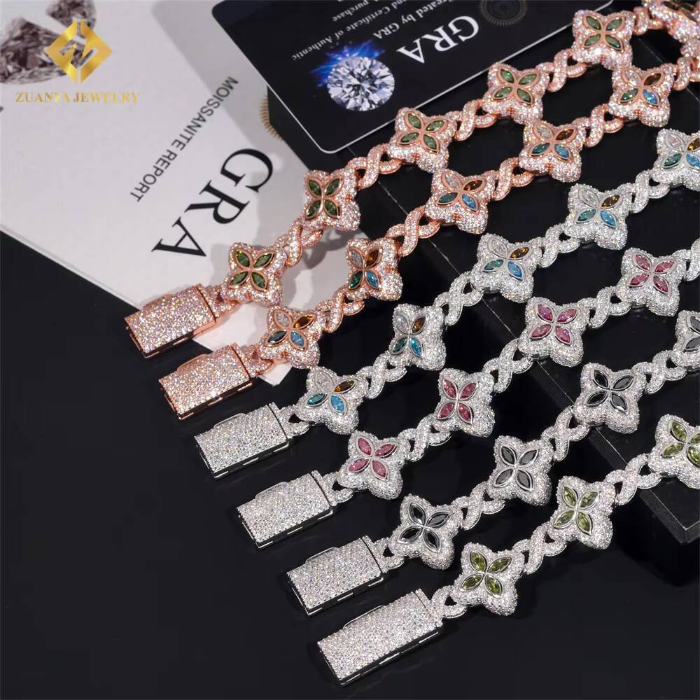 2025 Designer necklace 13mm High Quality Multi Color Marquise Diamond 925 Silver Jewelry Iced Out VVS Moissanite Lucky Four Leaf Clover Cuban Bracelet
