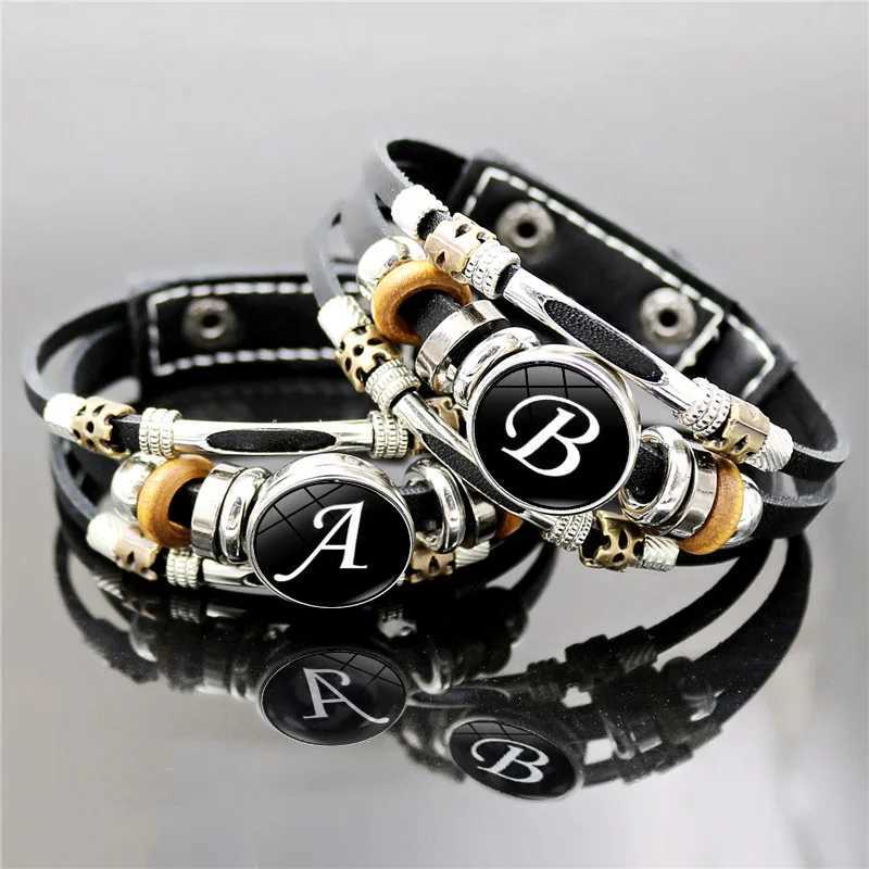 Vintage 26 Letter Leather Bracelet English Initial Glass Snap Button Bracelets For Men Women W250807