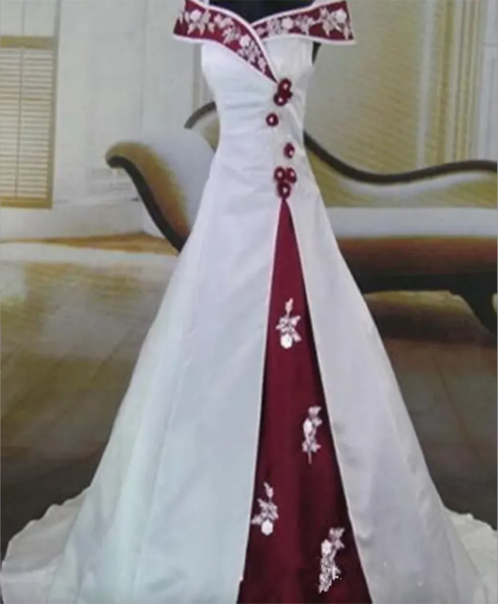 New Stunning White and Burgundy Wedding Dress Vintage Handmade Appliques Off Shoulder Satin A Line Bridal Gowns Vestido de Noiva