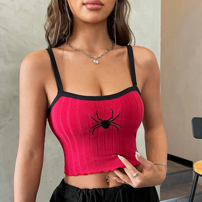 Y2k Rose Pink Tank Tops Sexy Women Summer Camis Punk Harajuku Sleeveless Spider Printed Tights Vest Femme Streetwear Graphic Top 250807