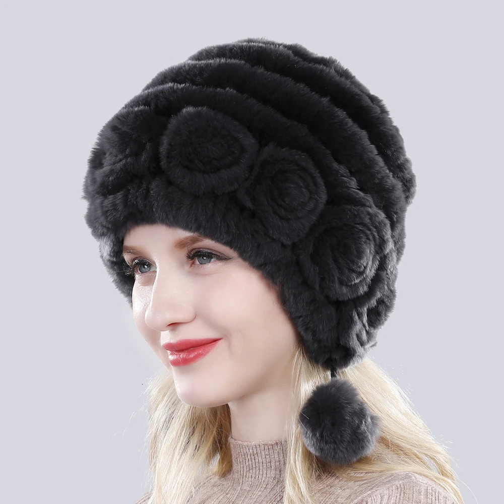 Winter Women Flowers Striped Natural Real Rex Rabbit Fur Hats Lady Warm Knit Genuine Fur Caps Russian Outdoor Fur Hats 250806