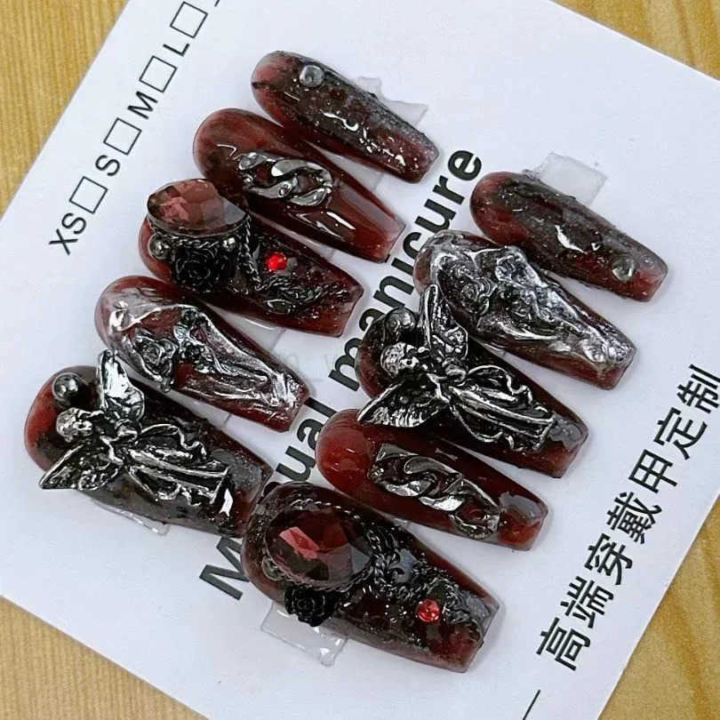 10 Pieces Sweet Cool Dark Style Handmade Wearable Nails Star River Falls Nail Art Patches Scarlet Angel Halloween Fake Nails M250807
