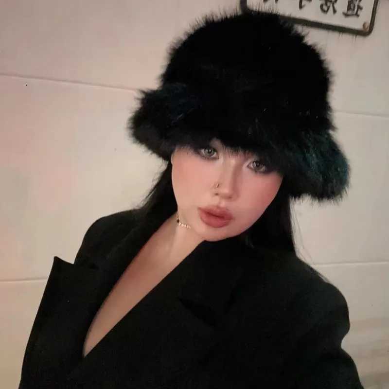 2K Fluffy Warm Thick Plush Bucket Hats Women Rabbit Fur Warm Faux Fur Winter Hat Girls Ins Fashion Furry Panama Fisherman C XJ250807