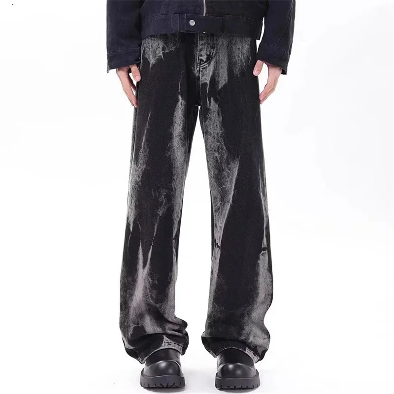 Spring Mens Goth Black Tiedye Jeans Hip Hop Fashion Gradient Wideleg Denim Pants Y2K Vintage Baggy Jean Hombre 250807