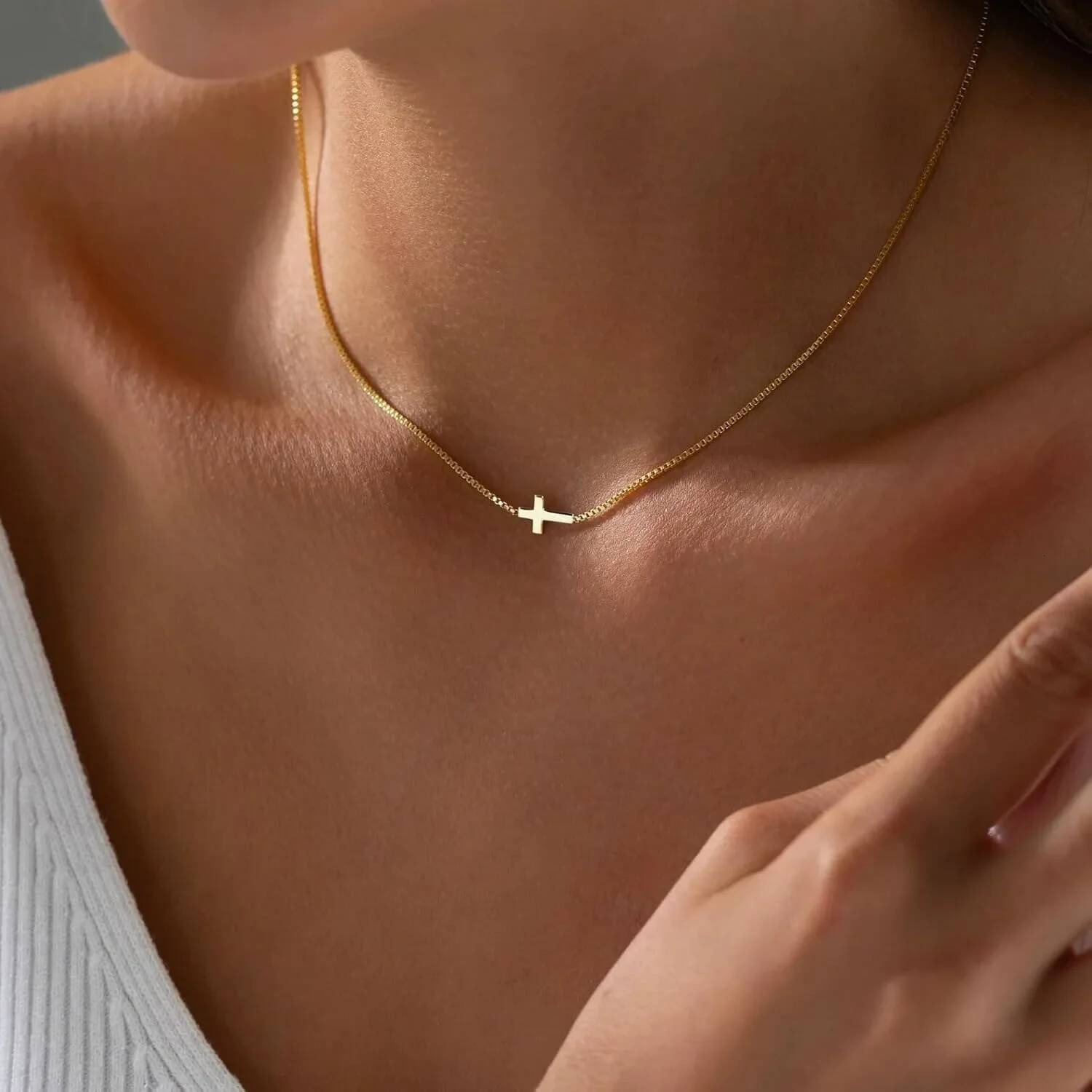 for Women 14K Gold Plated Small Cross Pendant Choker Simple Trendy Charm Chain Necklace Jewelry Religious Gift Jewelry for Women
