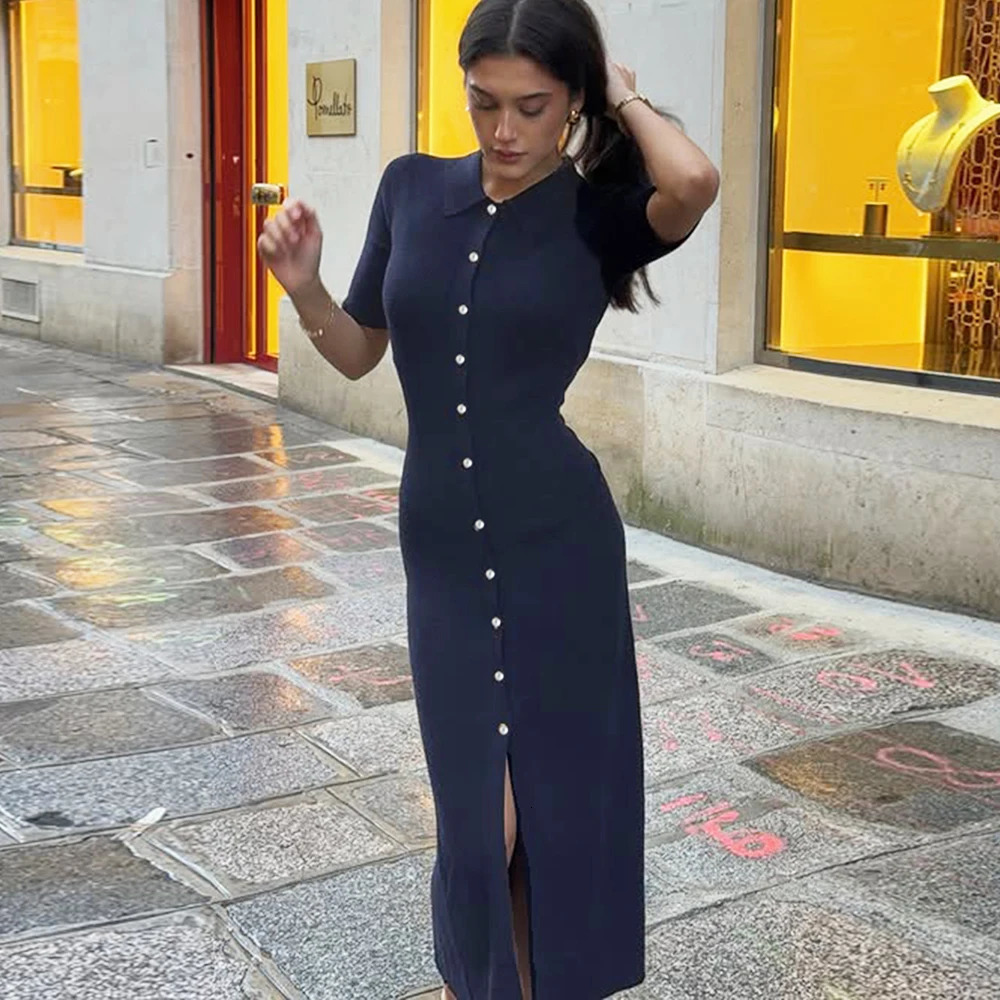 Talenza Knit Slim Long Dress Women Solid High Waist Slim Single Breasted Long Dress Fashion Lapel Casual Office Lady Knit Dress 250805