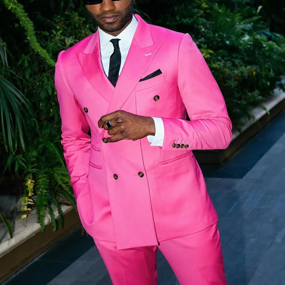 Bright Pink Double Breasted Men Suit Two PiecesJacketPants Lapel Outfits Chic Casual Party Prom Wedding Set 250807