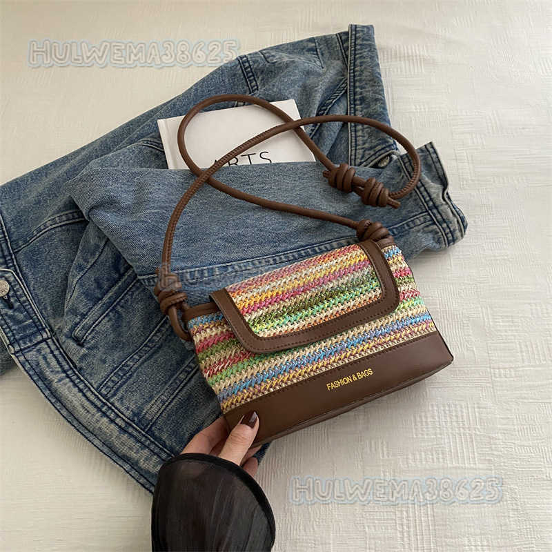 2024 Rainbow Straw Small Bag for Women New Trendy Summer Fashion Woven Shoulder Crossbody Bucket Bag H250806