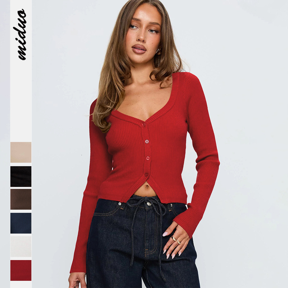 2025 Autumn Winter V-neck Long Sleeve Ribbed Button Cardigan Slim Fit Commuter Exquisite Women's Top