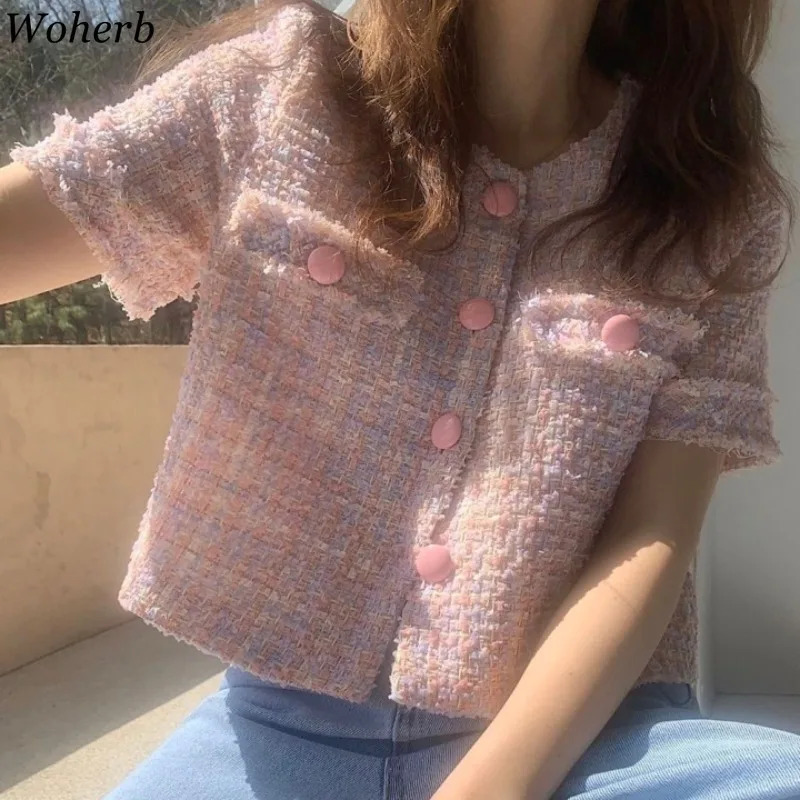 Woherb Summer Korean Casual Tweed Jackets Women Short Sleeve Elegant Coats Office Lady Outwear Crop Top Femme 250805