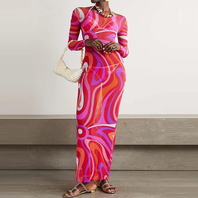 Red Printed Long Sleeved Yacht Dress Elegant Oneck High Waist Slim Fitting Robe Vacation Wrap Hip Straight Dresses 250807