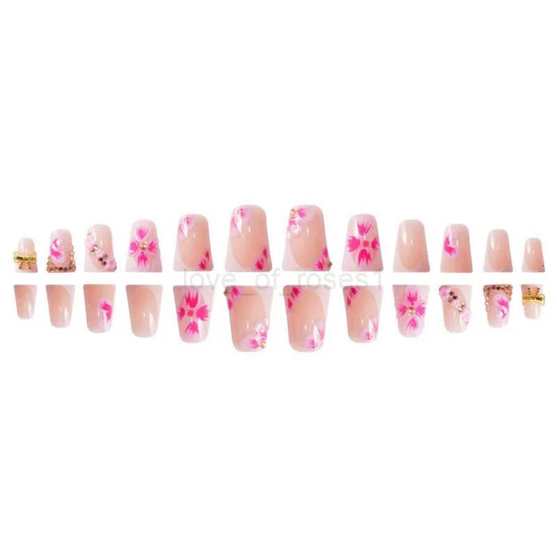 24Pcs Summer Trendy Duckbill Fake Nails 3D Floral Press-on Nails French Design Golden Rhinestone Bow Decor Acrylic False Nails Z250807