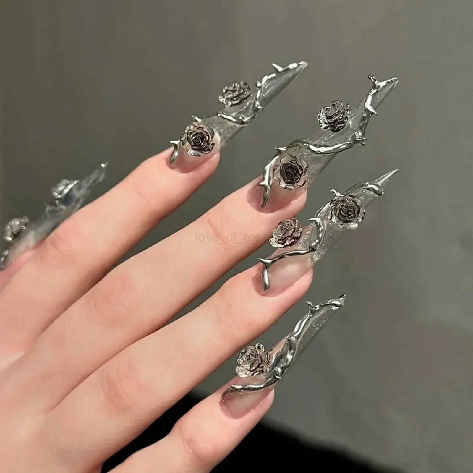 10pcs Long Stiletto Press On Nails Handmade 3D Silver Rose Flower Decor False Nail Tips Transparent Sequins Removable Fake Nails Z250807