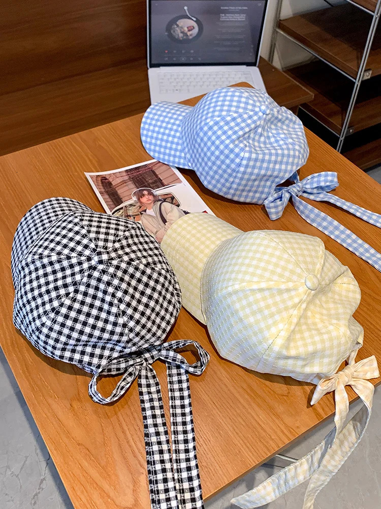 Japanese Blue Plaid Bow Baseball Cap Female Korean Version Casual Versatile Big Size Sunshade Hard Top Sun Baseball Cap 250730