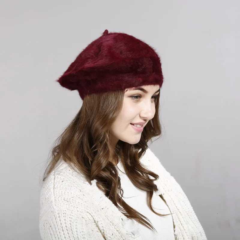 Winter Rabbit Fur Beret Hats Women French Painter Hat Girls Solid Color Soft Berets La Fashion Flat Wool Berets Wholesale XJ250807