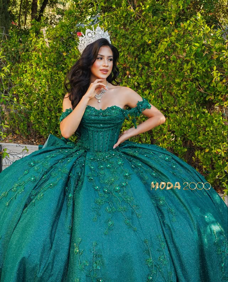 Emerald Green Sparkly Princess Quinceanera Dresses Off Shoulder Floral Applique Gillter Corset vestidos de 15 anos customsized