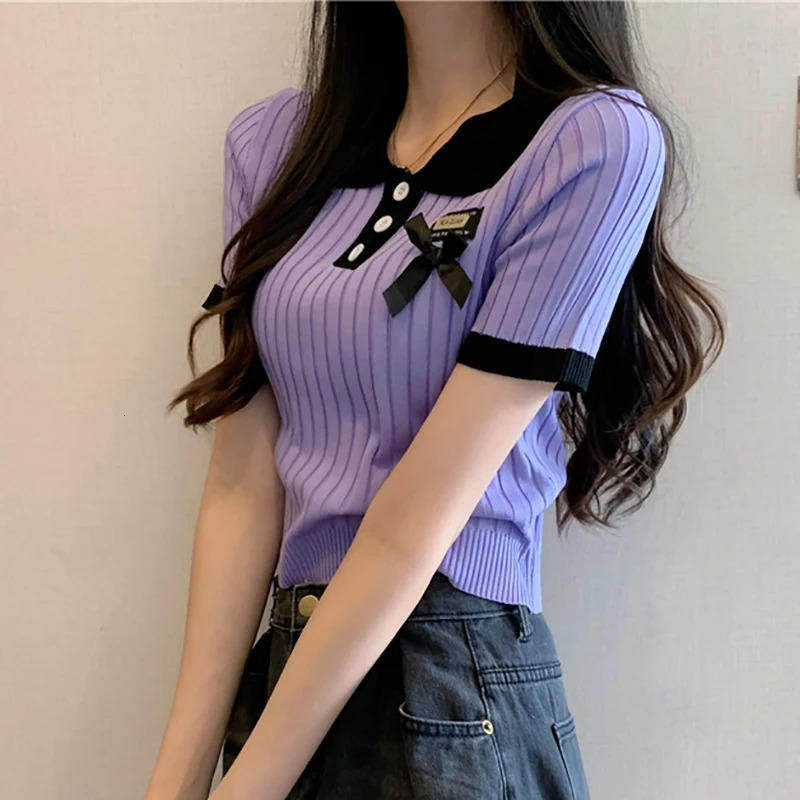HELIAR Women Knitted Polo Neck Tshirts Short Sleeve Buttons Bowknot Sweet Top Patchwork Solid Shirt Beach Tees Spring Summer 250729