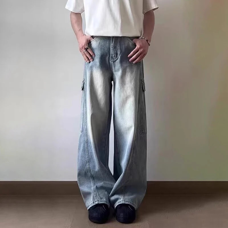 Mens Side Multipocket Straight WideLeg Jeans Hip Hop Fashion Cargo Denim Pants Y2K Vintage Streetwear Baggy Jean 250807