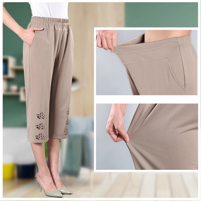 Summer Hollow Calf Pants 2025 Womens Fashionable Thin Outdoor Clothing Elastic Waist Plus Size Casual Office 250805