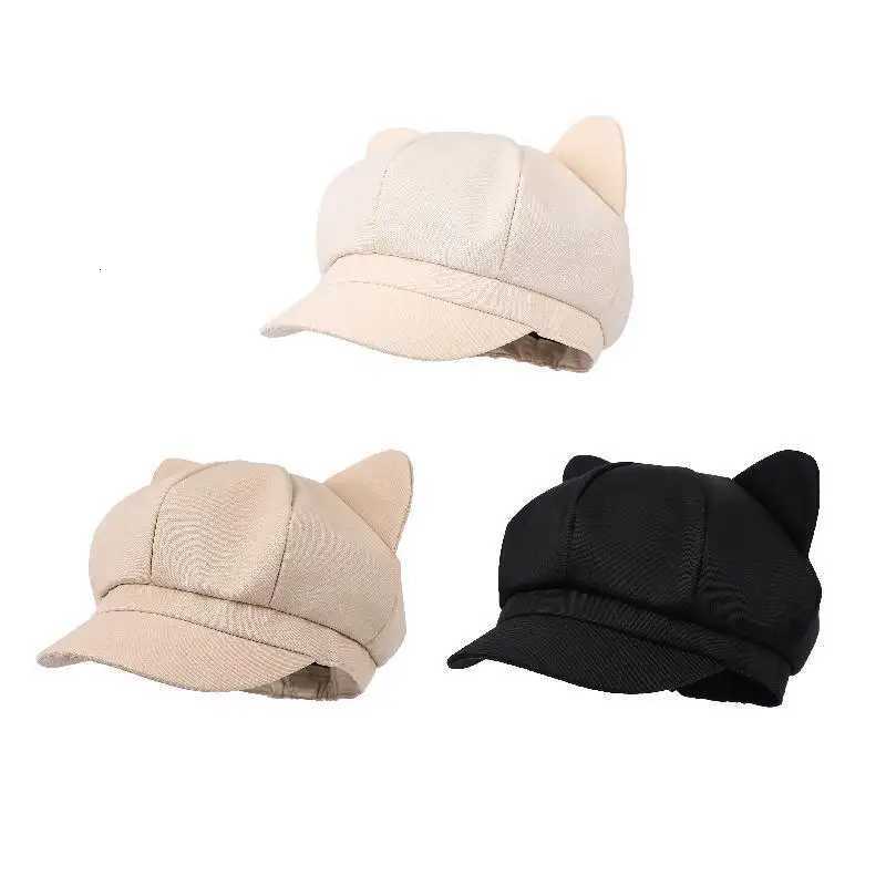 Beret Women Cute Cat Ear Sweet Octagonal Hats For Women Newsboy Cap Painter Hat Korean Style Solid Color Black XJ250807