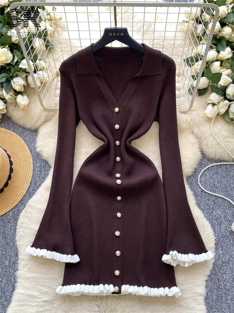 SINGREINY Autumn Sweet Basics Knit Dreess Female Long Sleeve Edible Tree Fungus Turndown Collar Slim Light y Women Dress 250807