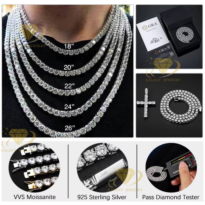 Hip Hop Glamour Tennis Necklace 2-6mm Iced Out VVS Round Cut Dazzling Diamond 925 Sterling Silver Moissanite Tennis Chains