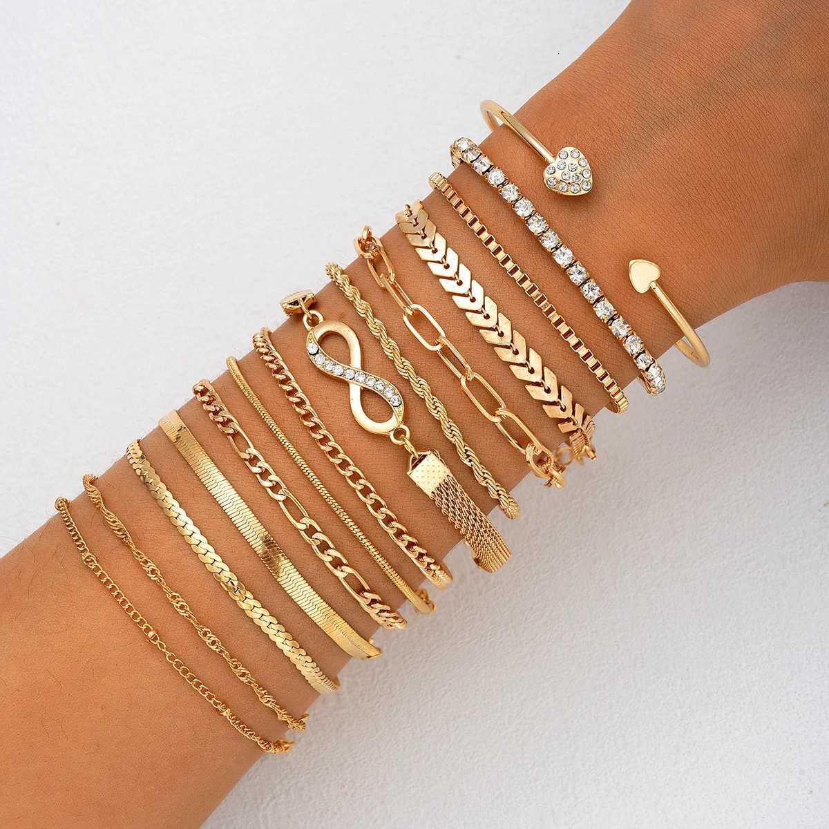 14Pcs/Set Bohemian Multi-layer Chain Bracelets for Women Retro Minimalist Metal Thick Twist Cuban Chain Bracelet Summer Jewelry W250807