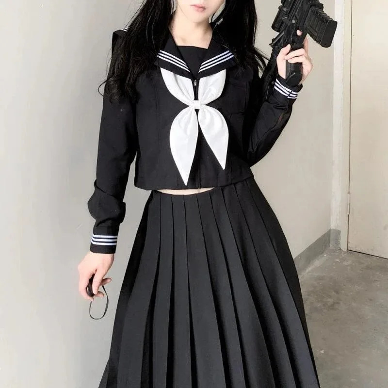 Japanese School Uniforms Student Style Girls Navy Costume Women Sexy Black JK Long Dress Suit Sailor Blouse Pleated Skirt Set 250729