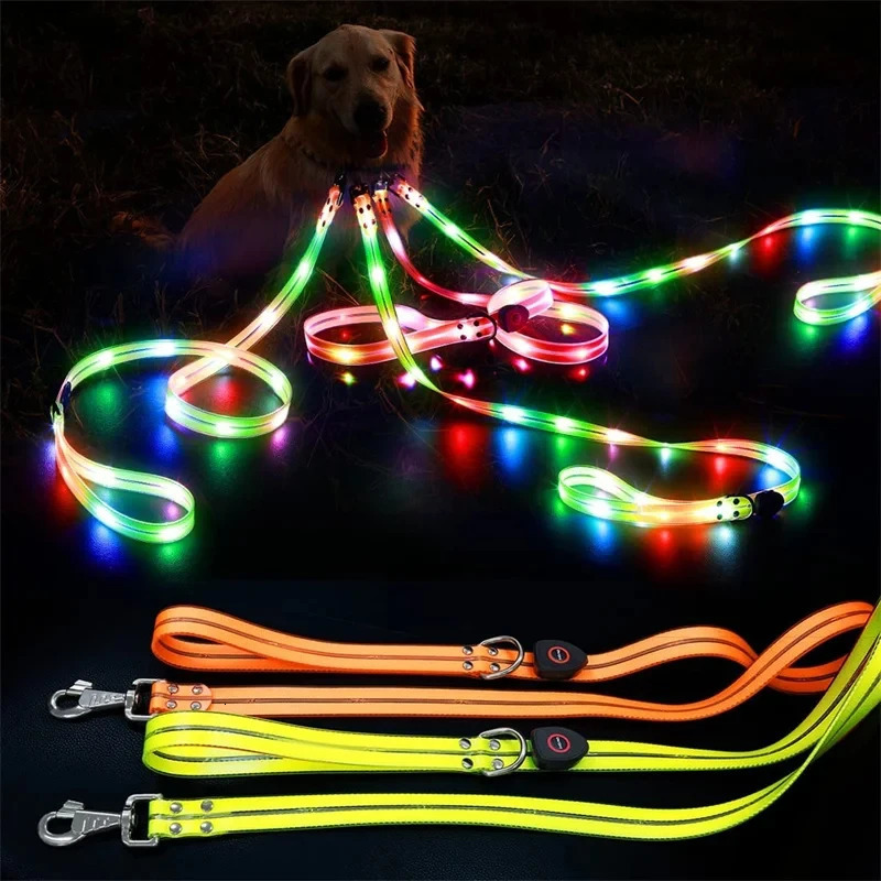 Led Light Up Dog Leash Walking Safety Glow in The Dark USB Rechargeable Adjustable for Large Medium Small Pet Lighted Dog Collar 250805
