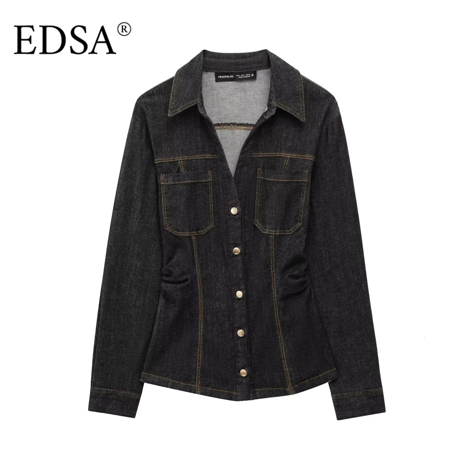 EDSA Women Black Denim Pants Set Fitted Shirt with Patch Pockets Pintuck Straight Leg Jeans Long Suit 250729