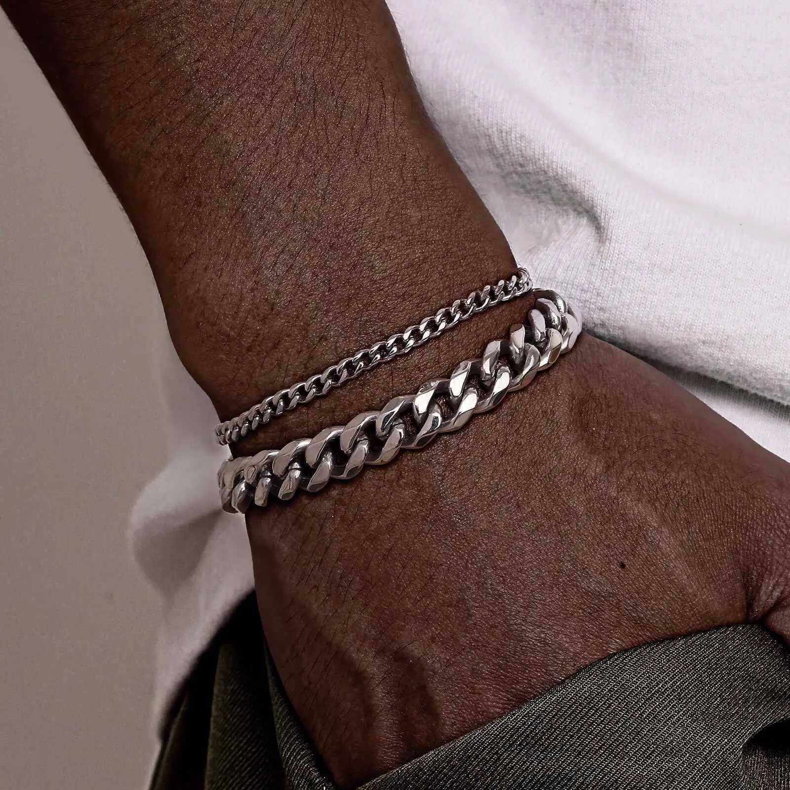 2pcs/set Cuban Chain Bracelet for Men Waterproof Stainless Steel Miami Curb Wristband Casual Jewelry Gift W250807