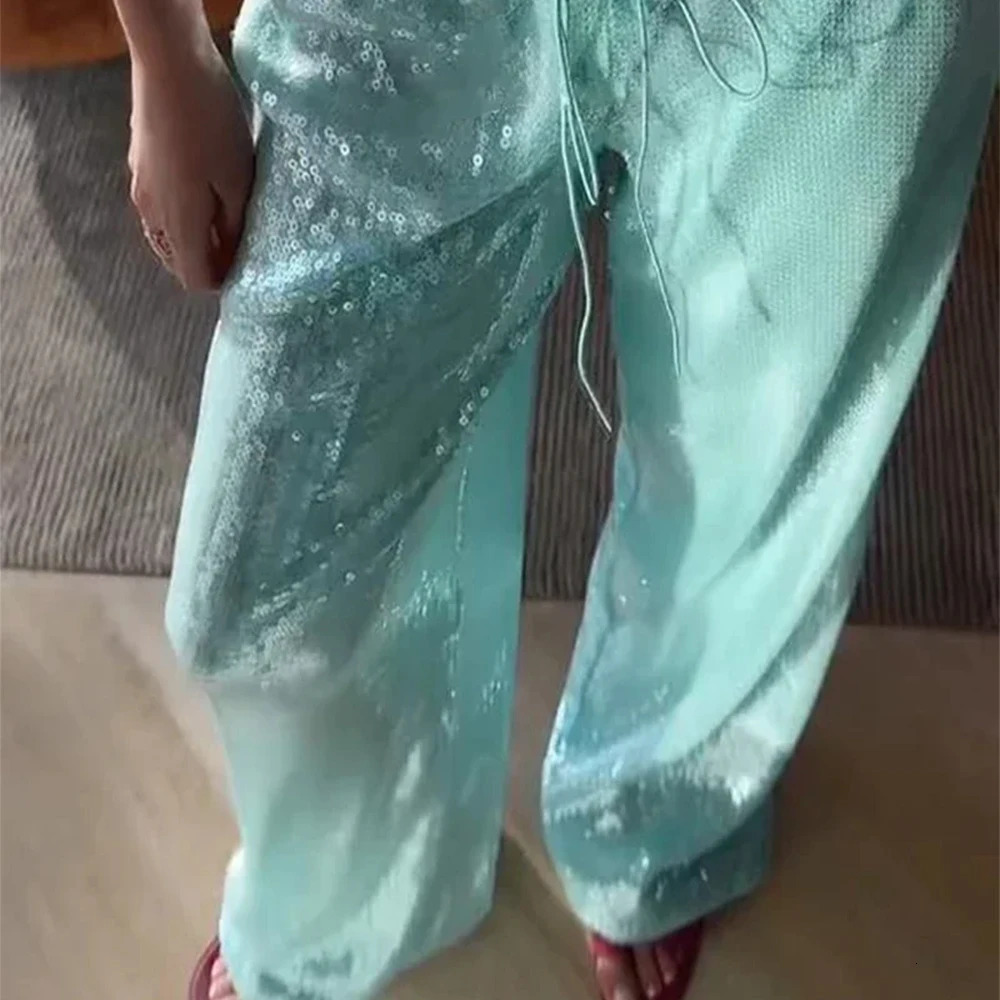 Chic Sequined Long Pants For Women High Waist Drawstring Ankle-length Loose Trousers Spring Summer Female y2k Coquette Pants 250806