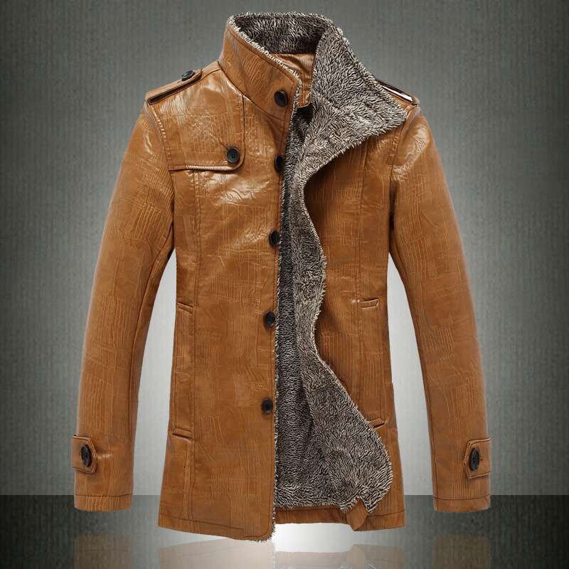 Men's Clothing Large Size Casual Fashion PU Leather Coat Stand Fur Collar Plus Veet Thickening