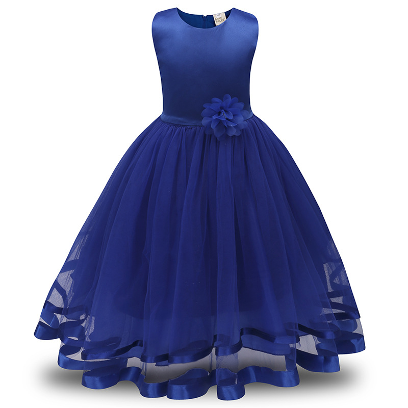 Solid Color Long-Dress with Lace & Mesh Design - Floral Beading Detailing, Perfect for Kids Aged 4-12