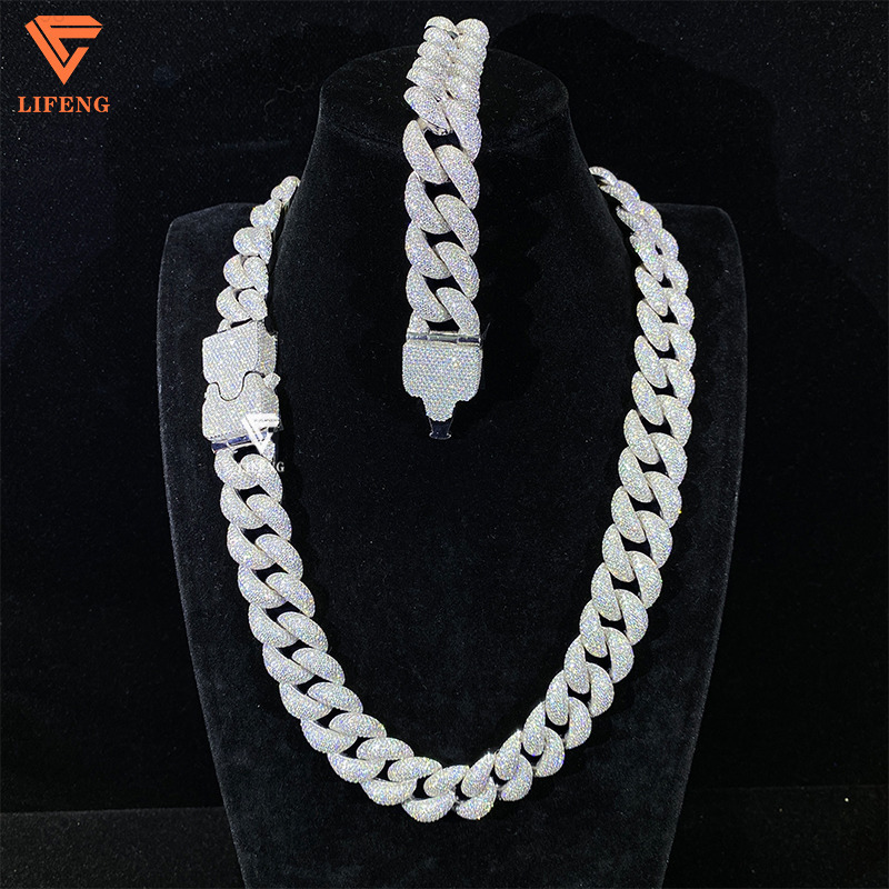 Hiphop Moissanite Chain Ice 20mm 8rows Bubble Cuban Link Chain 925 Silver Cuban Necklace Set Bracelet Rapper Fine Jewelry