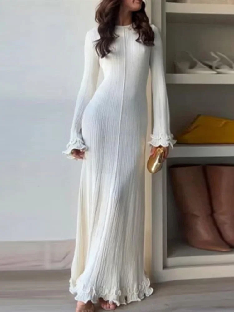 DFCF Causal Office Woman Elegant Buttons V Neck Knitted Maxi Dresses 2025 Fashion Long Sleeved Ruffles Pleasted Slim Dress 250728